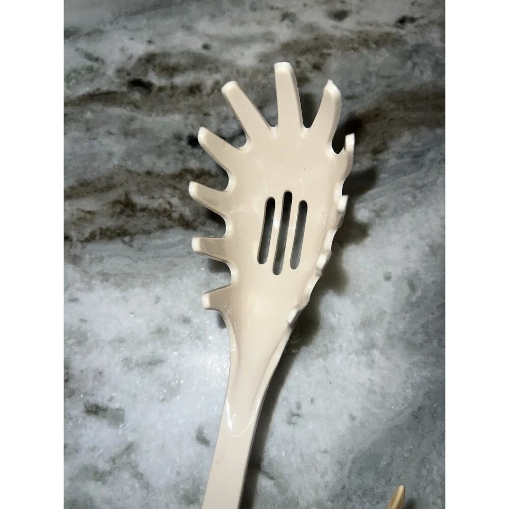 Vintage EKCO Pasta Fork Slotted Spoon 11” Beige Nylon  & Bonus Meat Fork Utensil